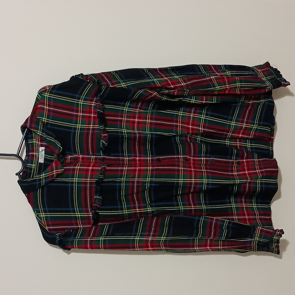 Festive oversized dress shirt bought at Francesca's, Harper Heritage line